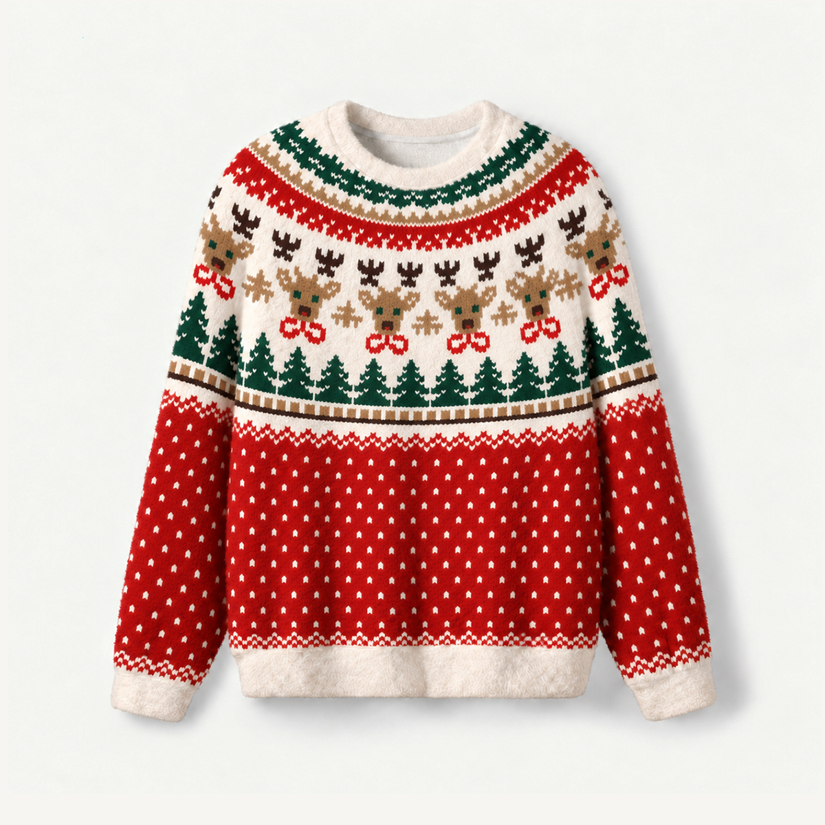 Christmas Reindeer & Pine Tree Fuzzy Crewneck Sweater