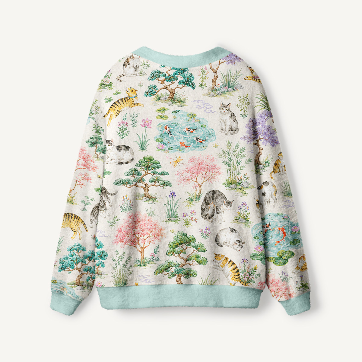 Cats in a Tranquil Garden Pond Scene Print Ugly Cardigan Sweaters