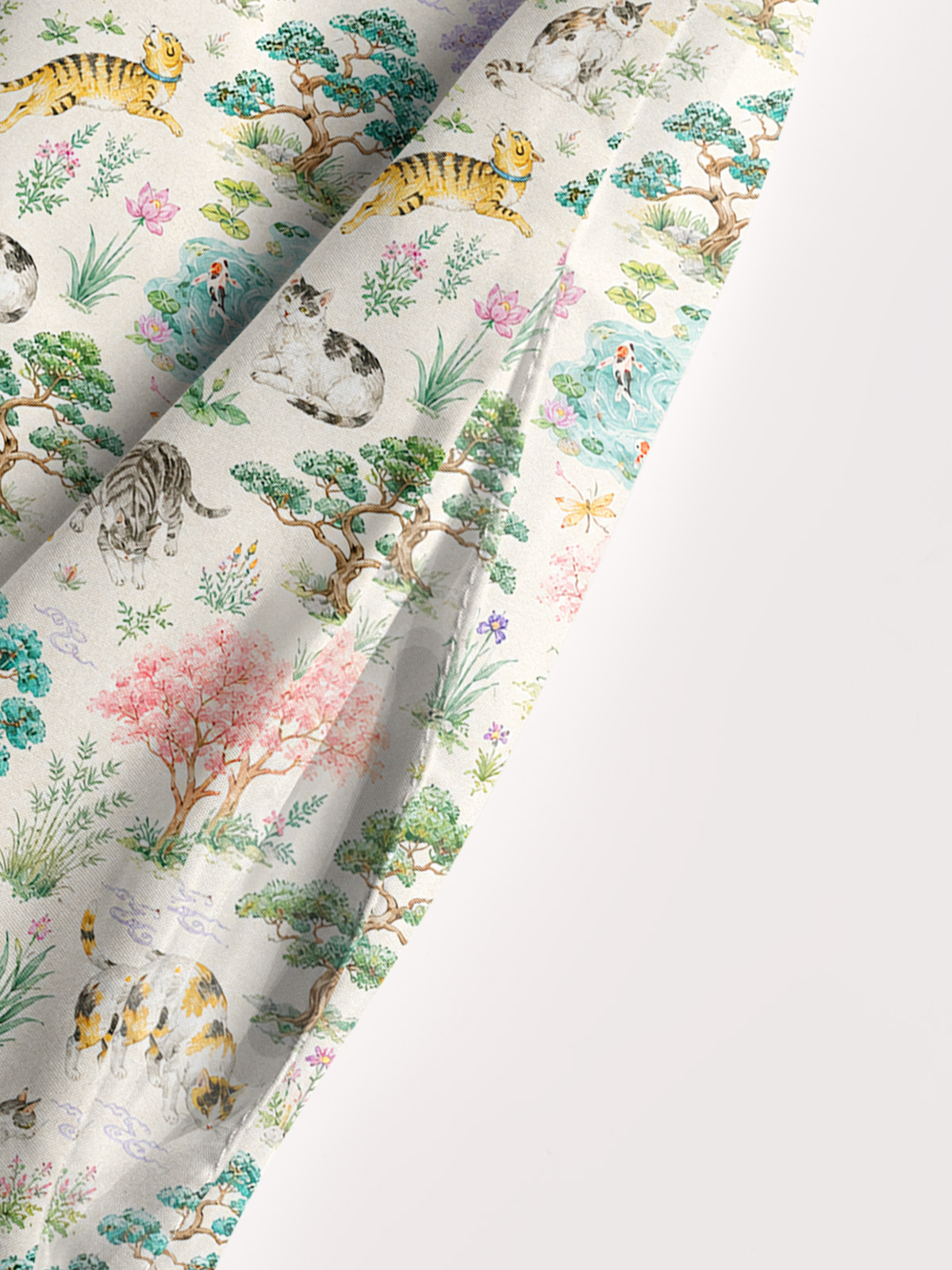 Cats in a Tranquil Garden Pond Scene Print Wide Straps Maxi Dress With Pockets