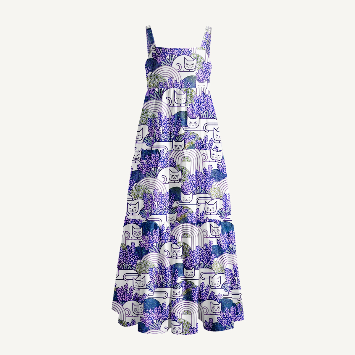 Lavender Cat Print Wide Straps Maxi Dress With Pockets