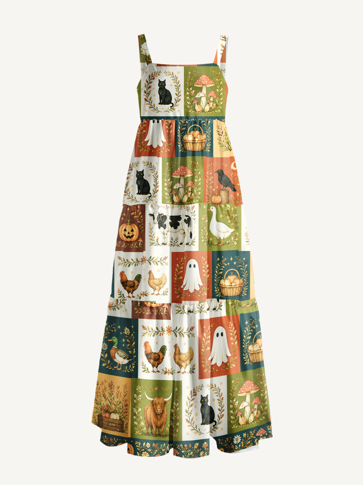 Pumpkin Farm Halloween Patchwork Print Wide Straps Maxi Dress With Pockets