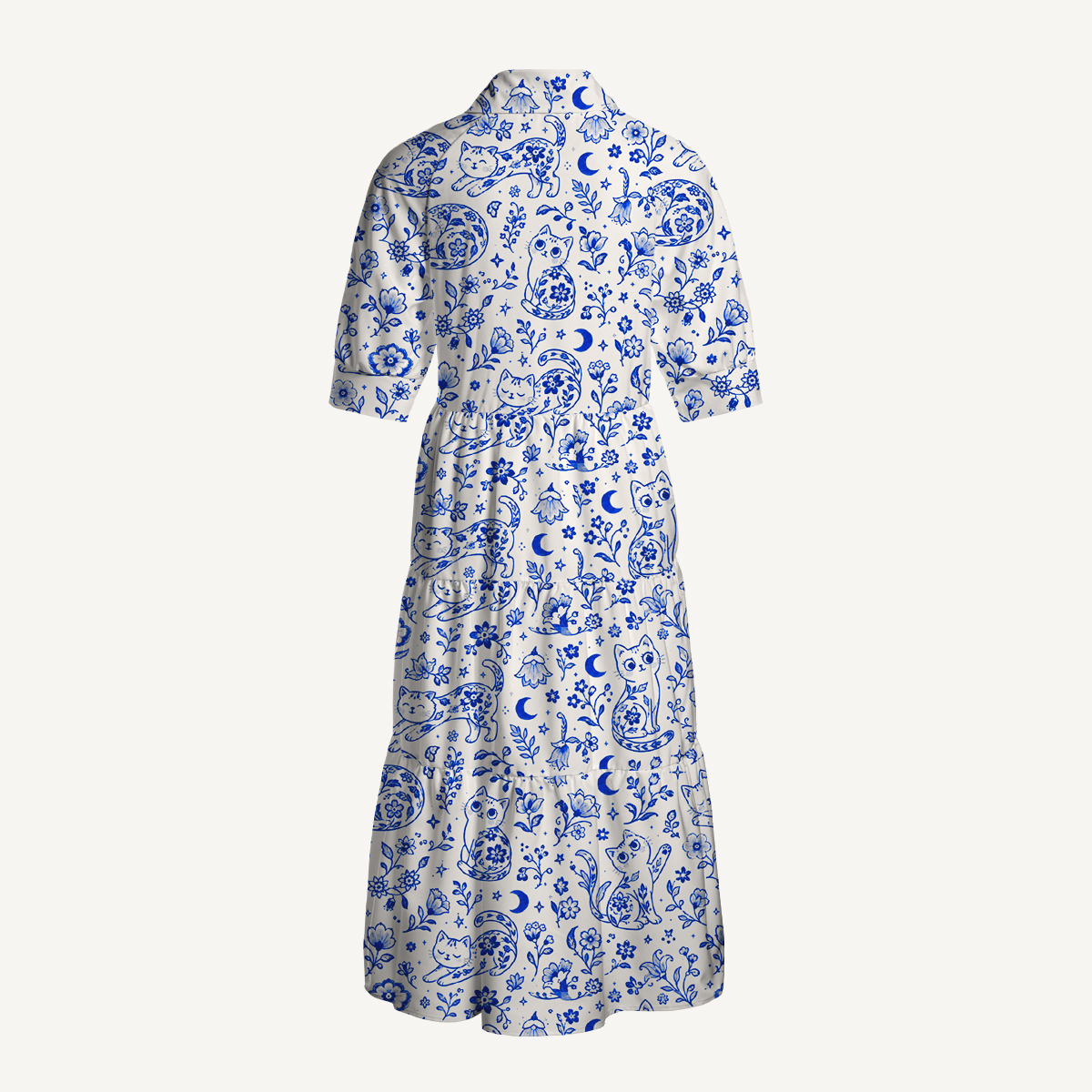 V Neck Collared Delft Blue Bloom Cat Dream Print Casual Midi Dress With Pockets