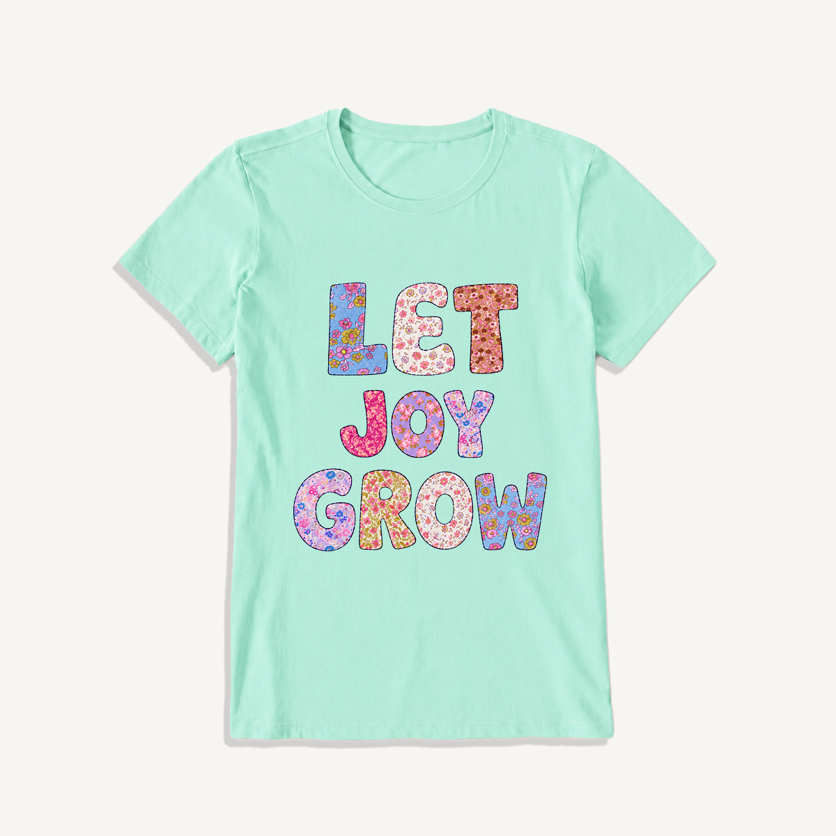 Let Joy Grow Floral Letters Print Crew Neck Cotton Tee