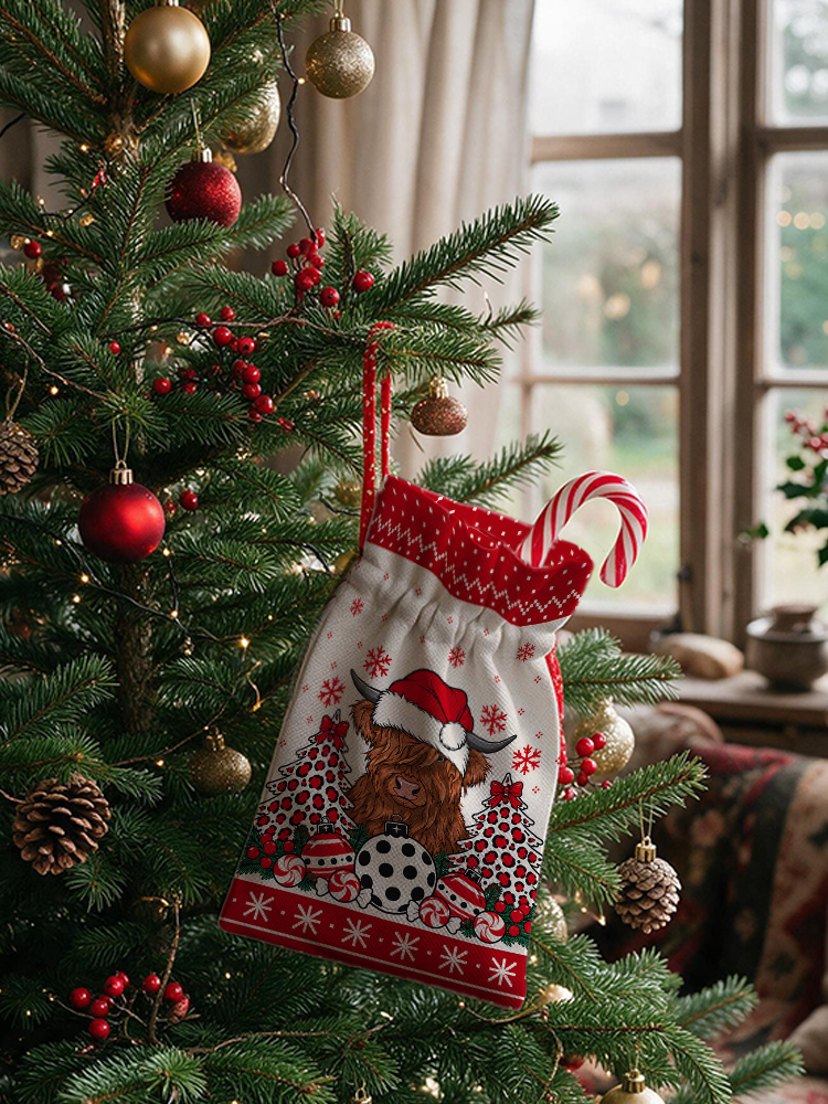 Christmas Highland Cow Reusable Drawstring Gift Bag