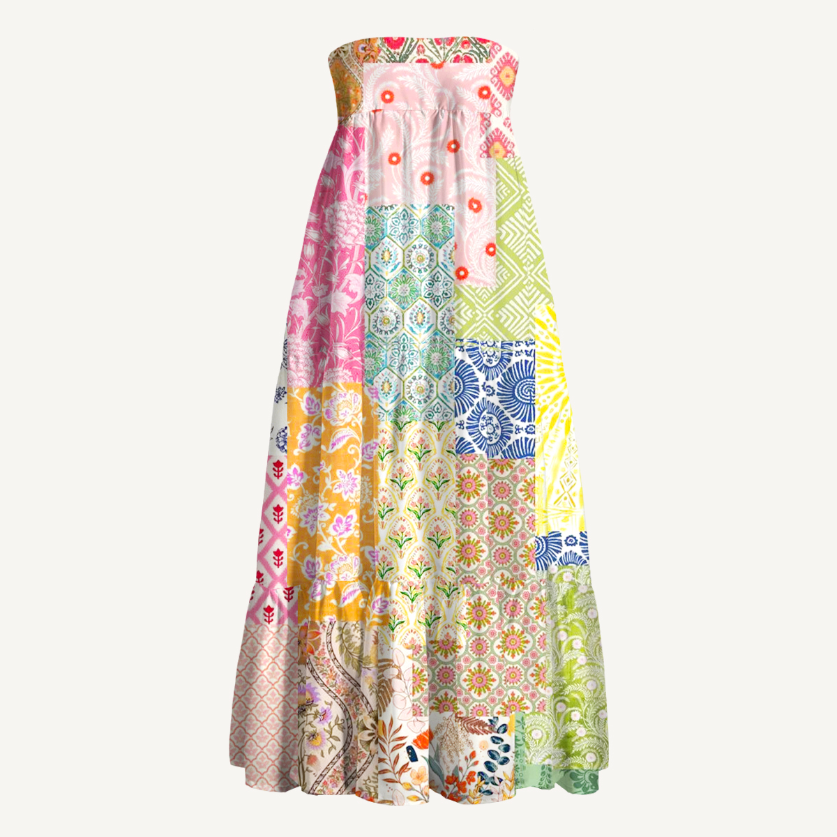 Colorful Bohemian Patchwork Print Convertible Maxi Skirt & Strapless Dress  