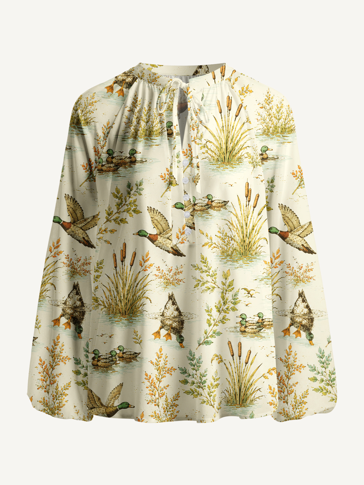 Duck Hunting Marsh Print Boho Long Sleeve Tie‑Neck Blouse