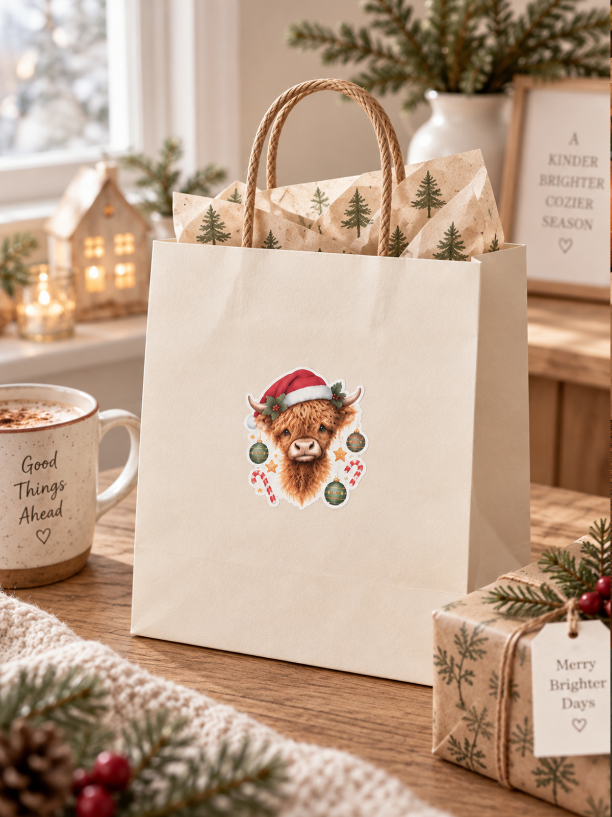 Festive Highland Cow Christmas Stickers