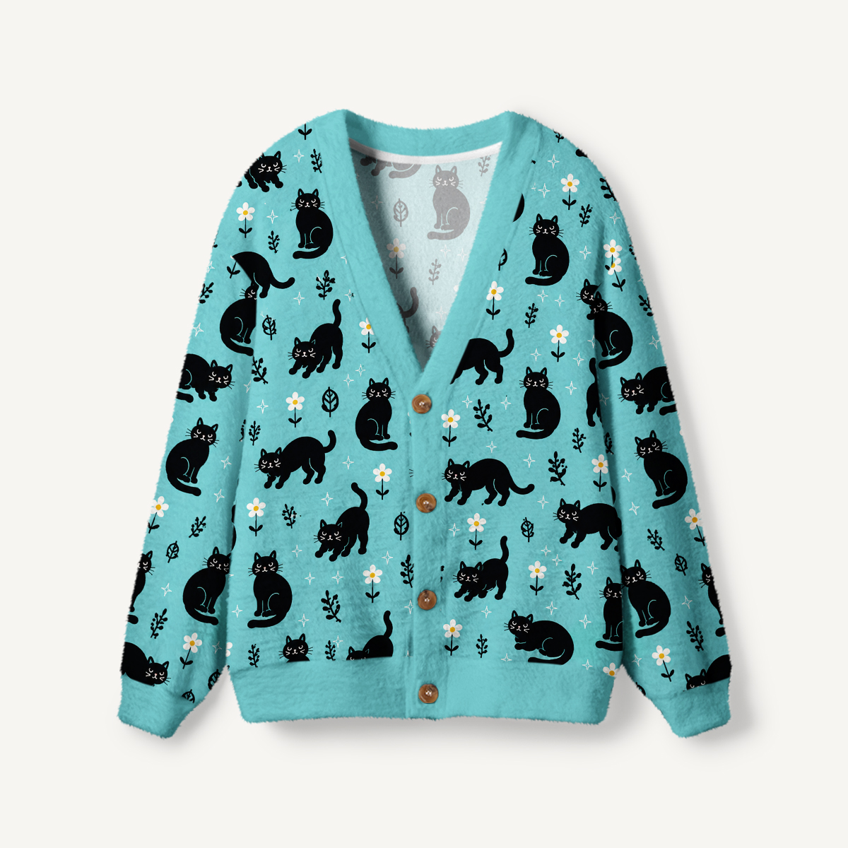 Mint Black Cat Garden Print Ugly Cardigan Sweaters