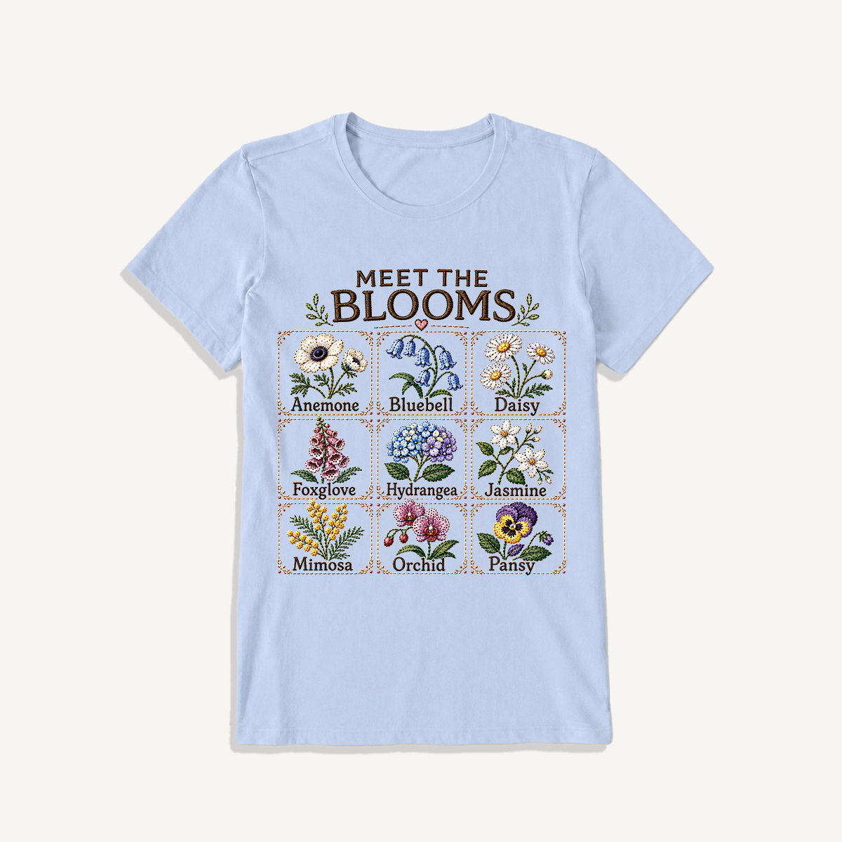 Meet the Blooms Embroidery Chart Print Crew Neck Cotton Tee