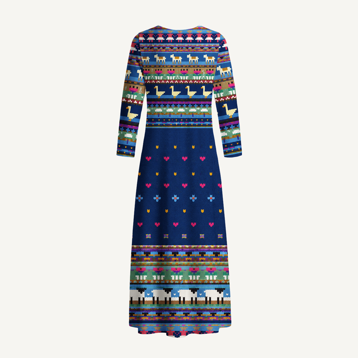 Colorful Folk Farm Horse Goose & Sheep Long Sleeve Maxi Dress with Pockets