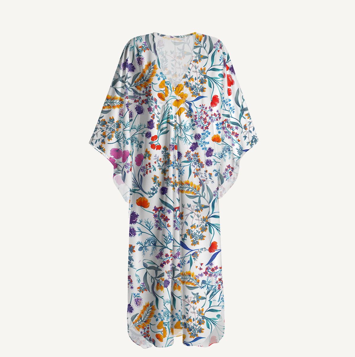  V‑Neck Fiery Meadow Kimono Sleeve Kaftan Dress