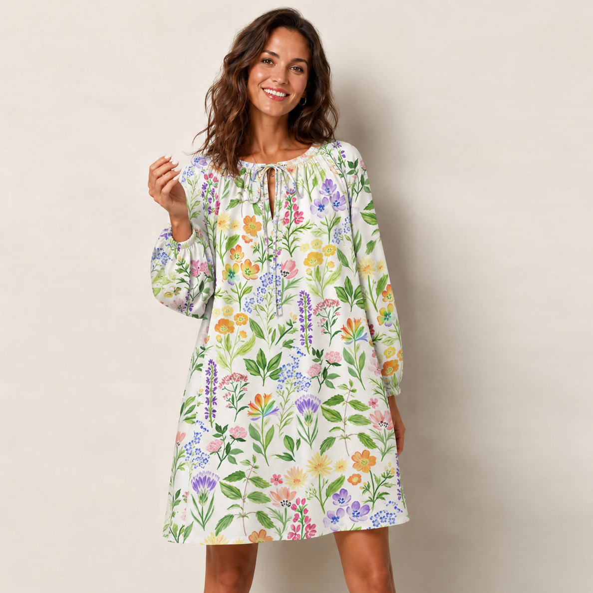 Colorful Wildflower Meadow Print Boho Tie‑Neck Smock Mini Dress