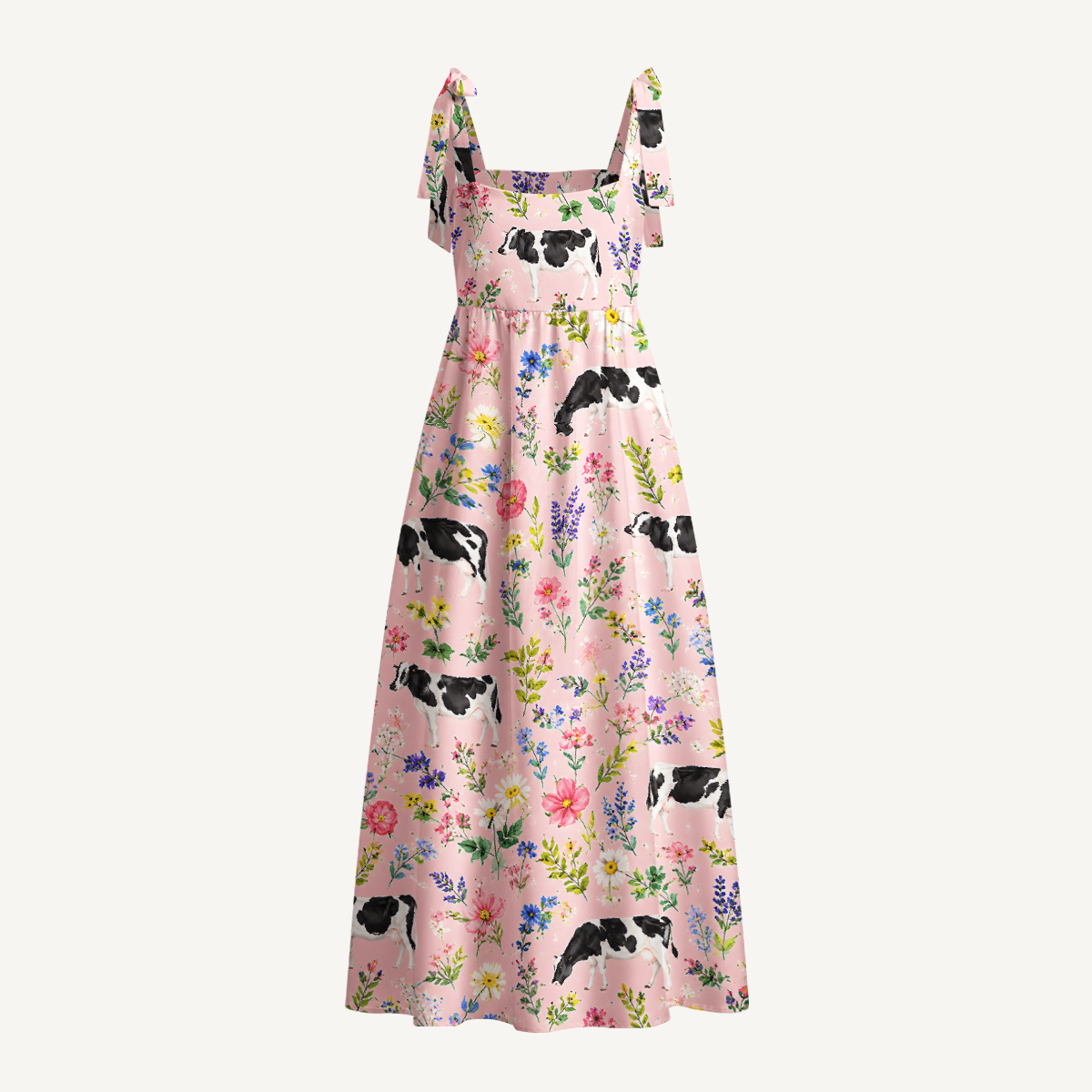 Holstein Cattle Cow Farm Animal Floral Pink Print Bow Strap Maxi Dress