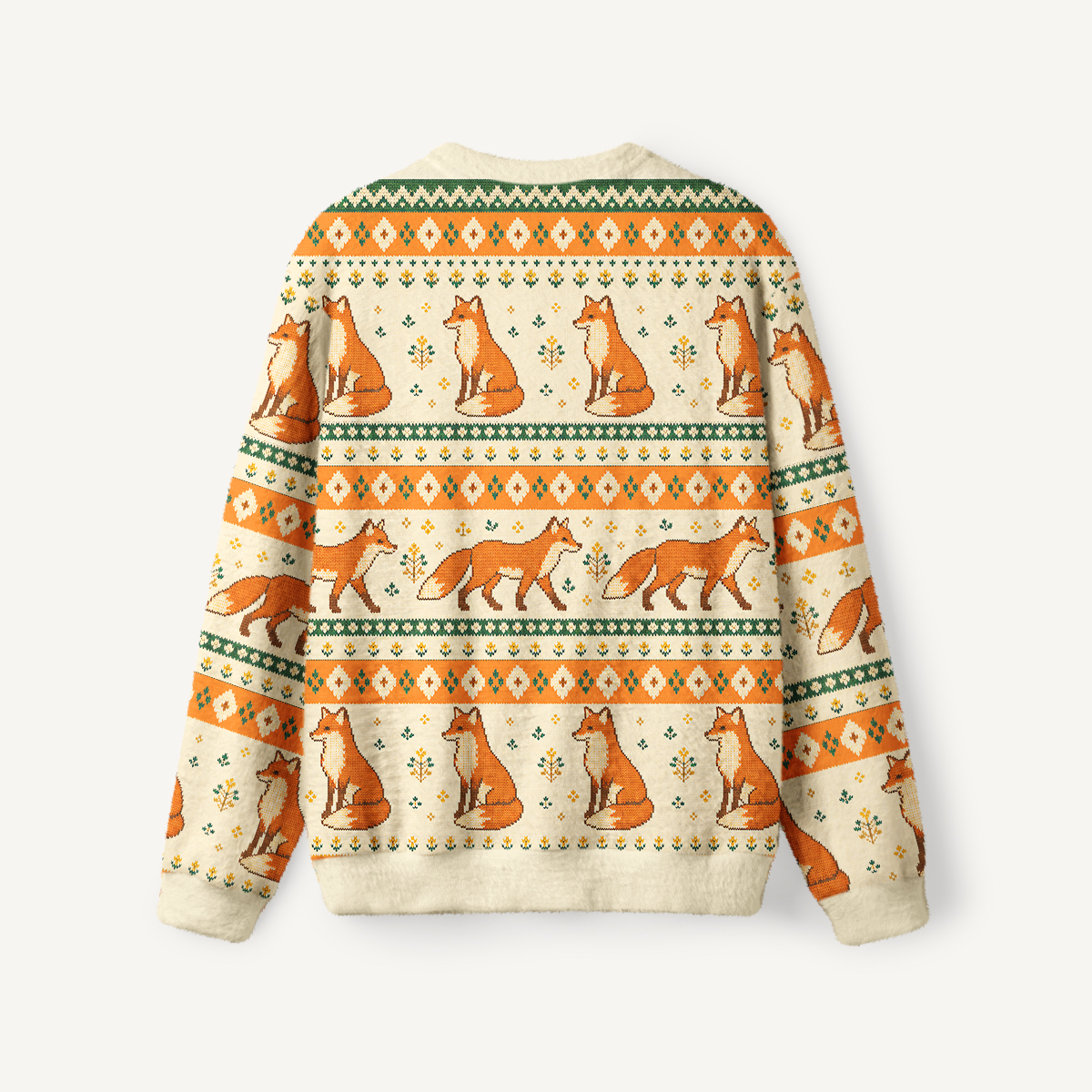 Woodland Fox Geometric Folk Fuzzy Crewneck Sweater