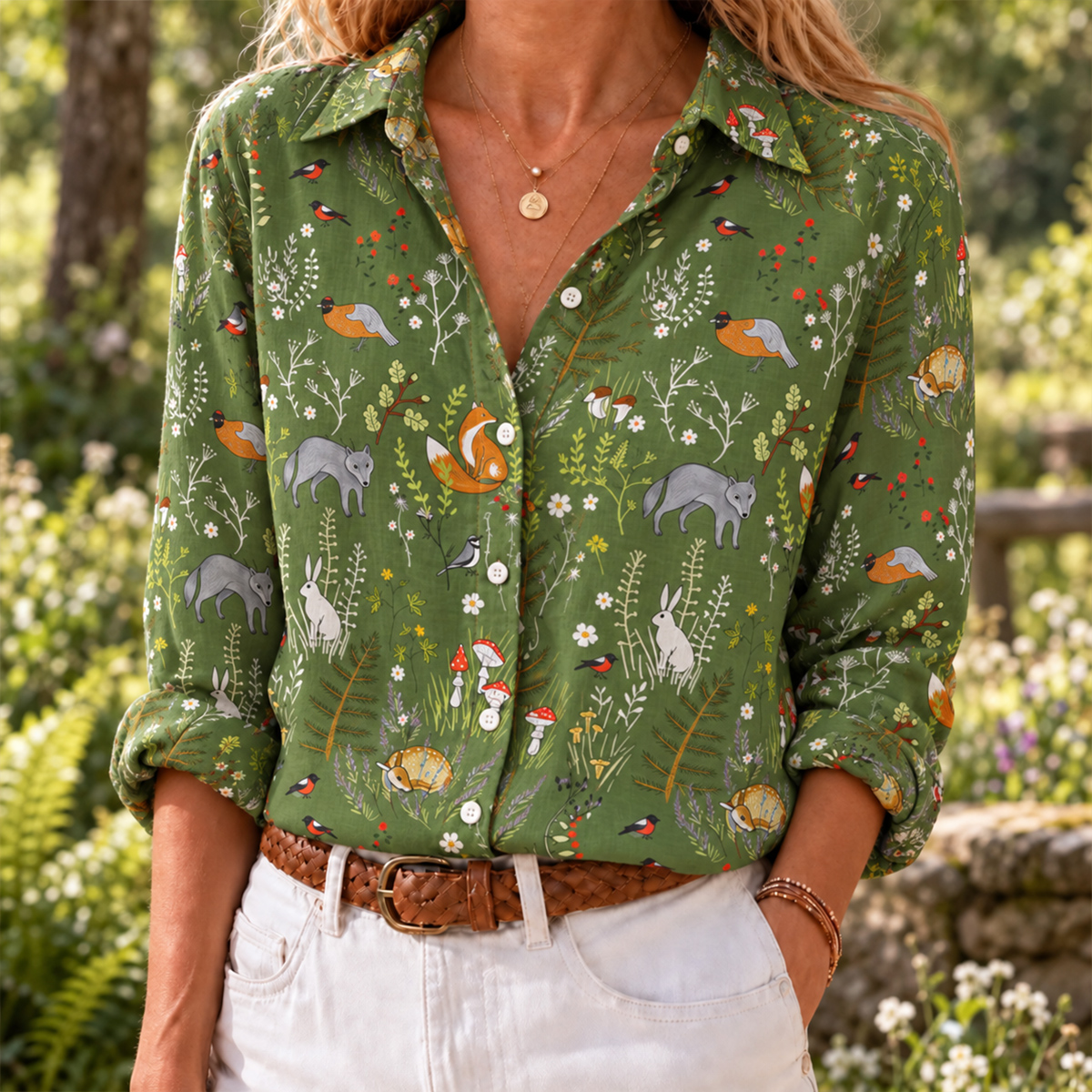 Whimsical Woodland Animals Long-Sleeve Button-Up Shirt