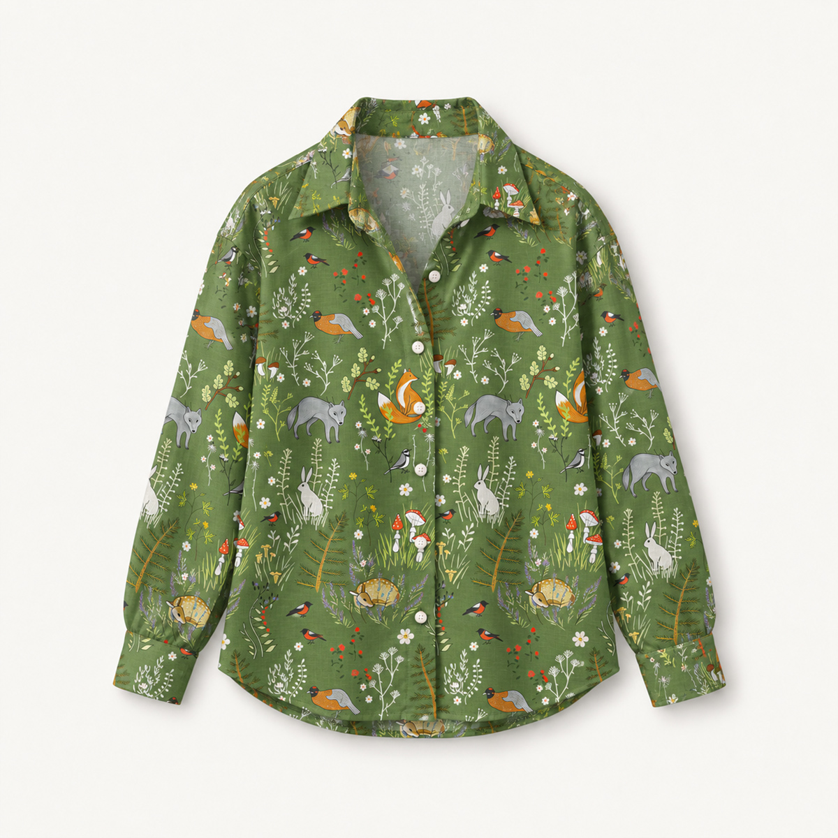 Whimsical Woodland Animals Long-Sleeve Button-Up Shirt