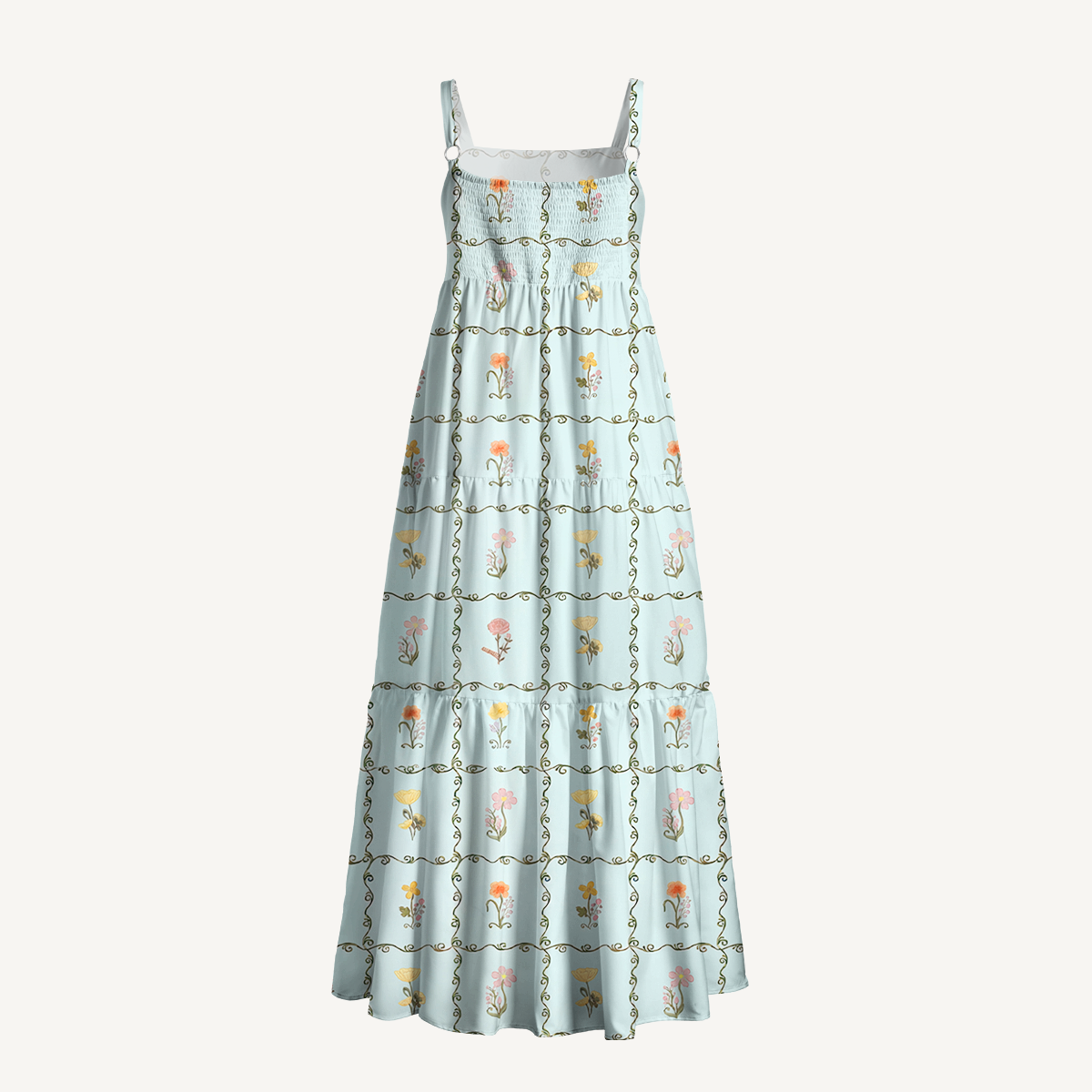 Square Neck Sunny Garden Tiles Print Slip Dress