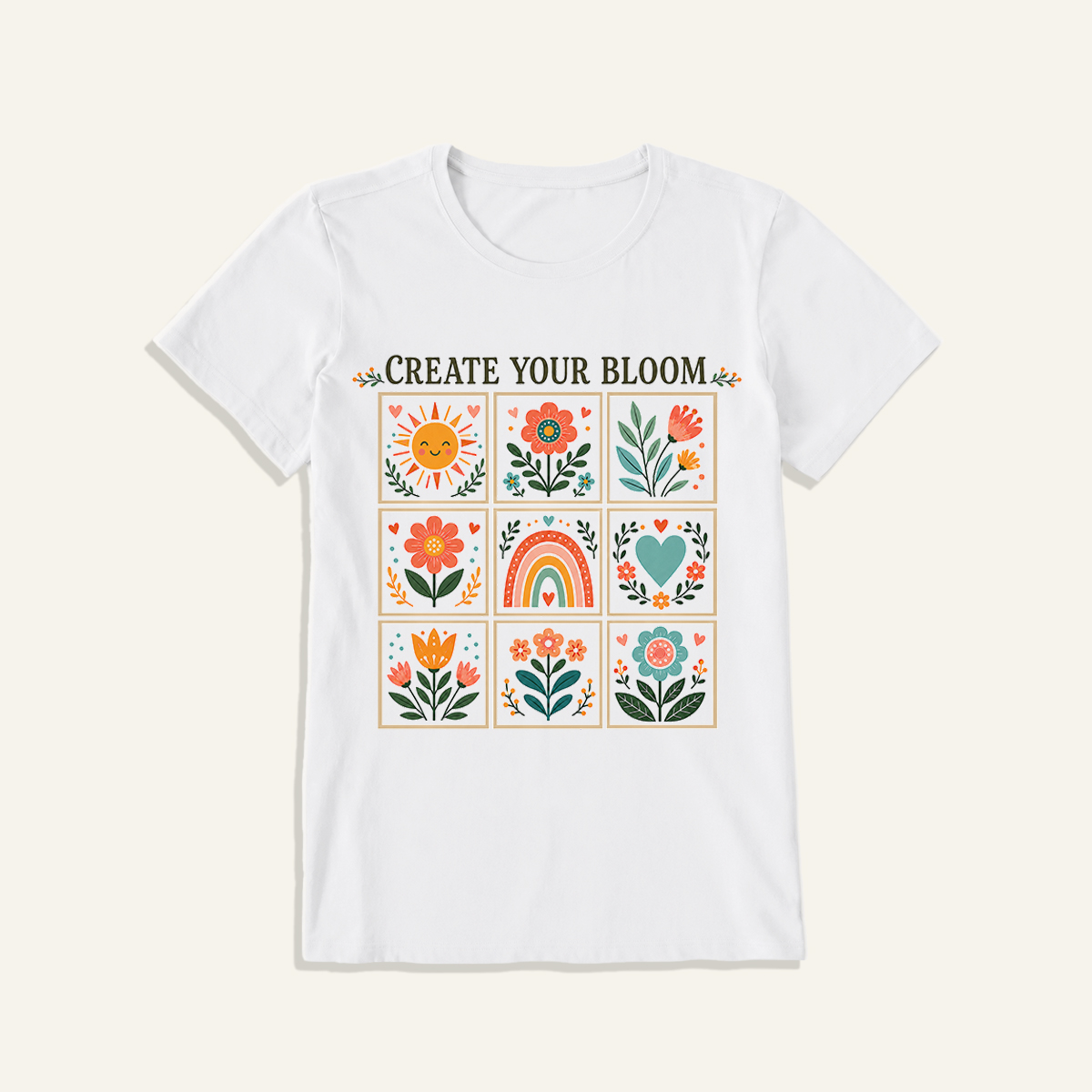 Folk Art Bloom Grid Print Crew Neck Cotton Tee