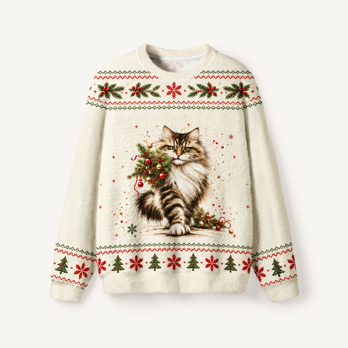 Charming Christmas Cat Fuzzy Crewneck Sweater