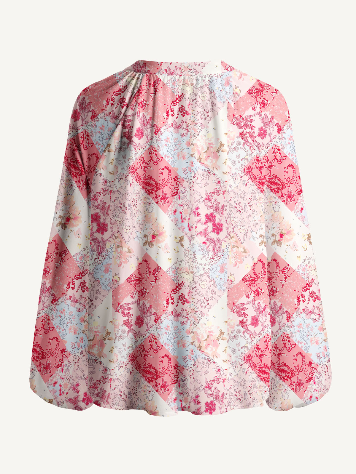 Shabby Chic Floral Patchwork Print Boho Long Sleeve Tie‑Neck Blouse