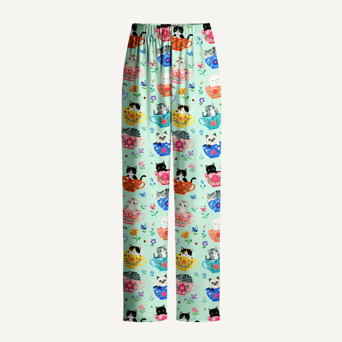 Cute Teacup Kitten Print Long Pajama Set 