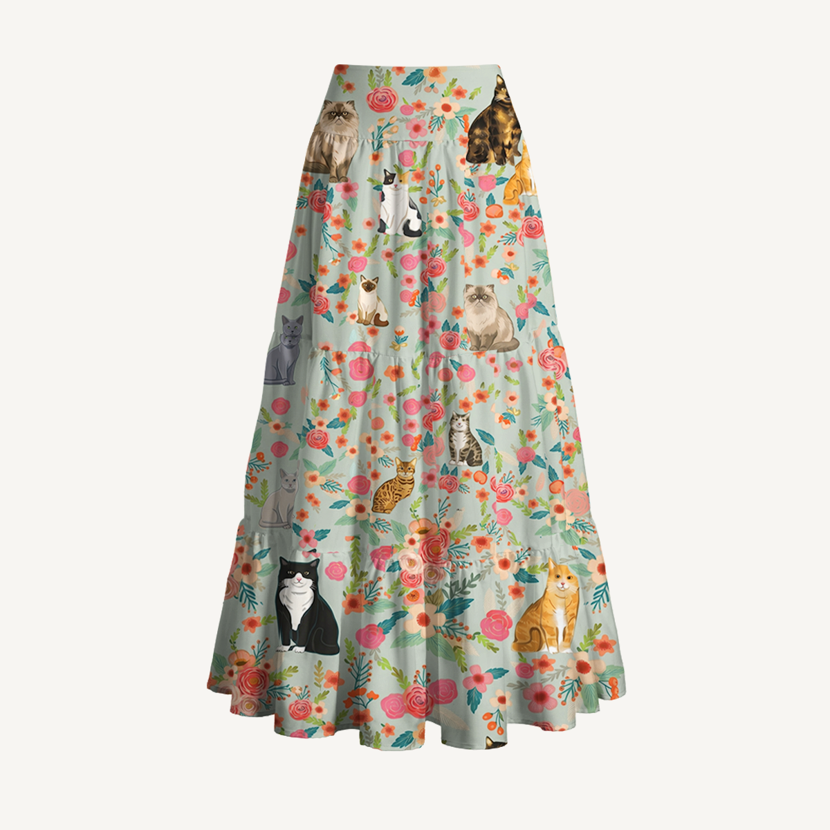 Flower Cat Print Maxi Skirt