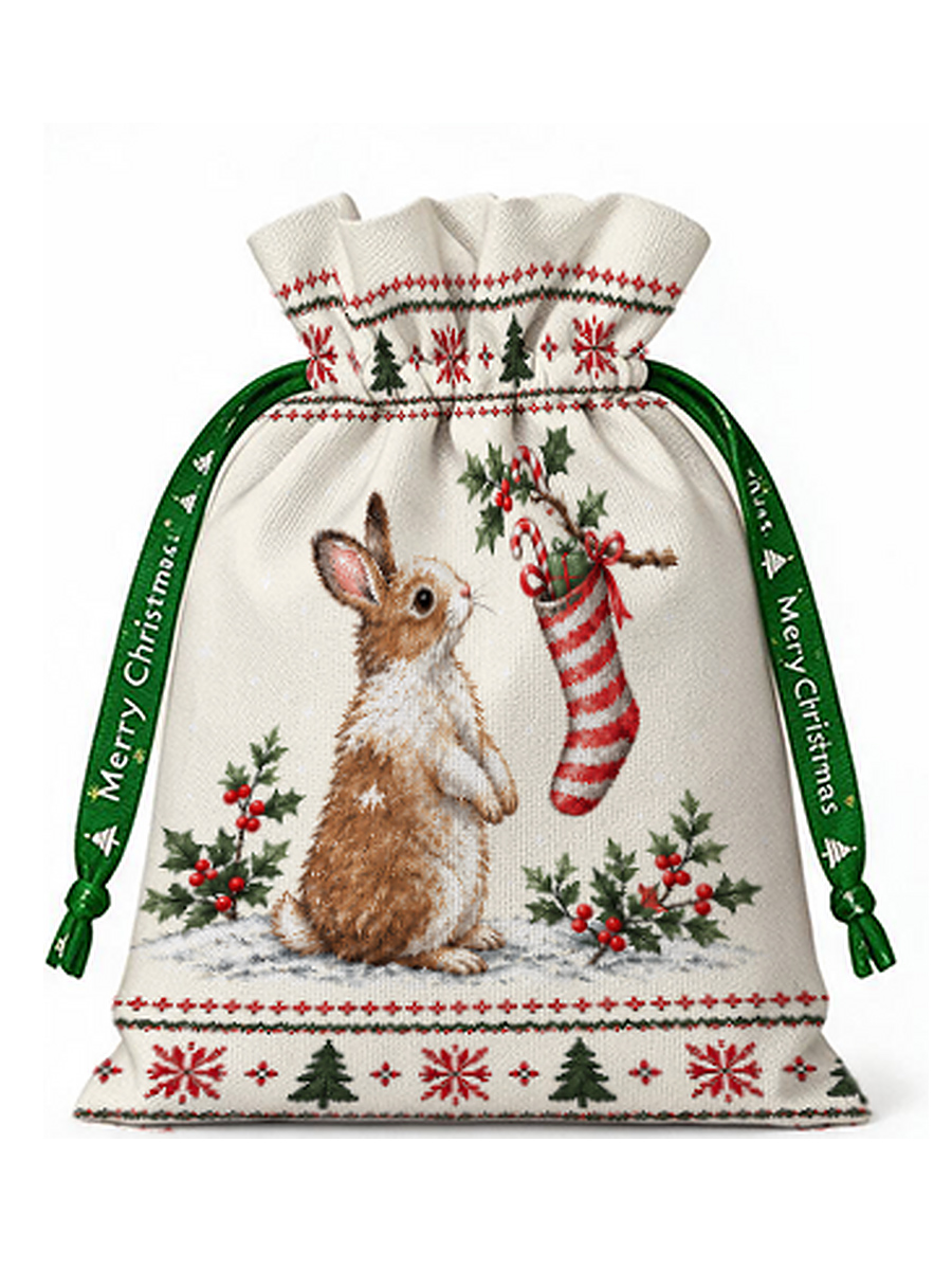 Cozy Christmas Bunny Reusable Drawstring Gift Bag