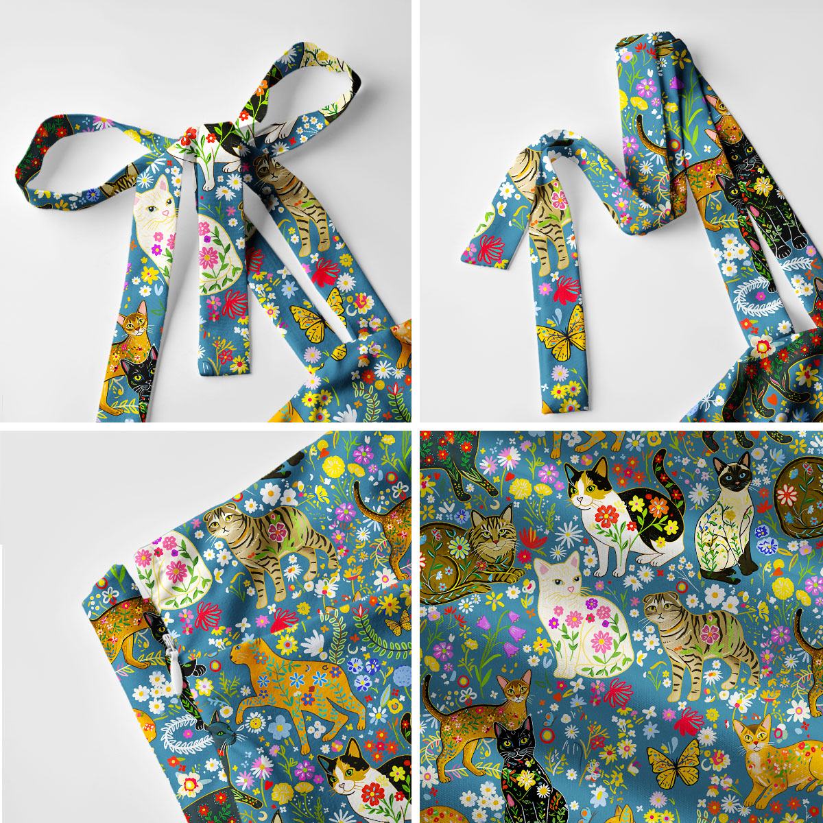 Colorful Garden Cat Print Bow Strap Maxi Dress With Pockets