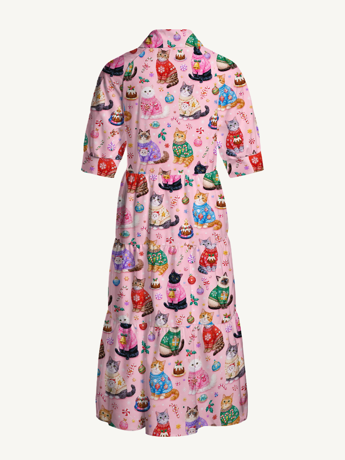 V Neck Christmas Sweater Cats Holiday Print Casual Midi Dress With Pockets