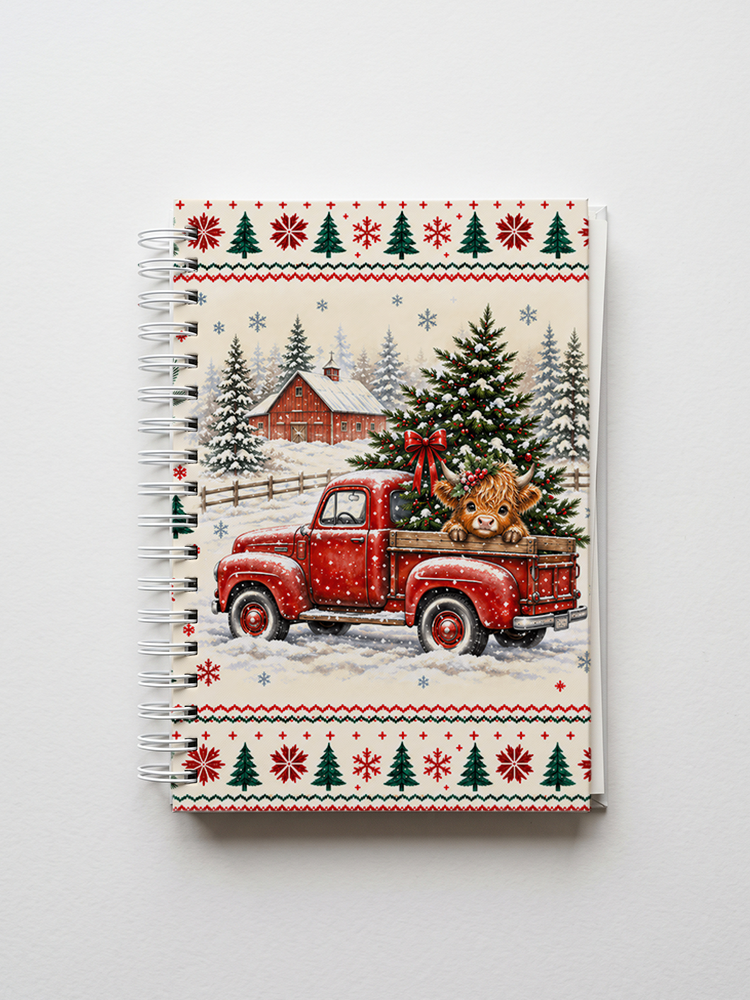 Cozy Christmas Farm Truck Cow Print A5 Spiral Notebook
