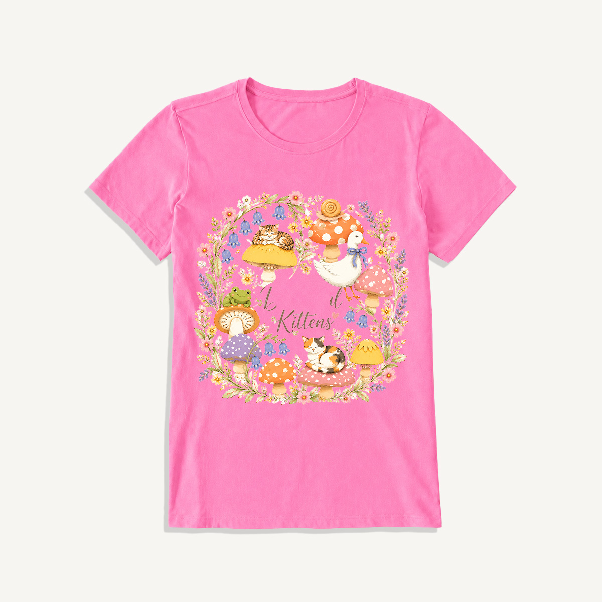 Botanical Kittens Mushroom Wreath Print Crew Neck Cotton Tee