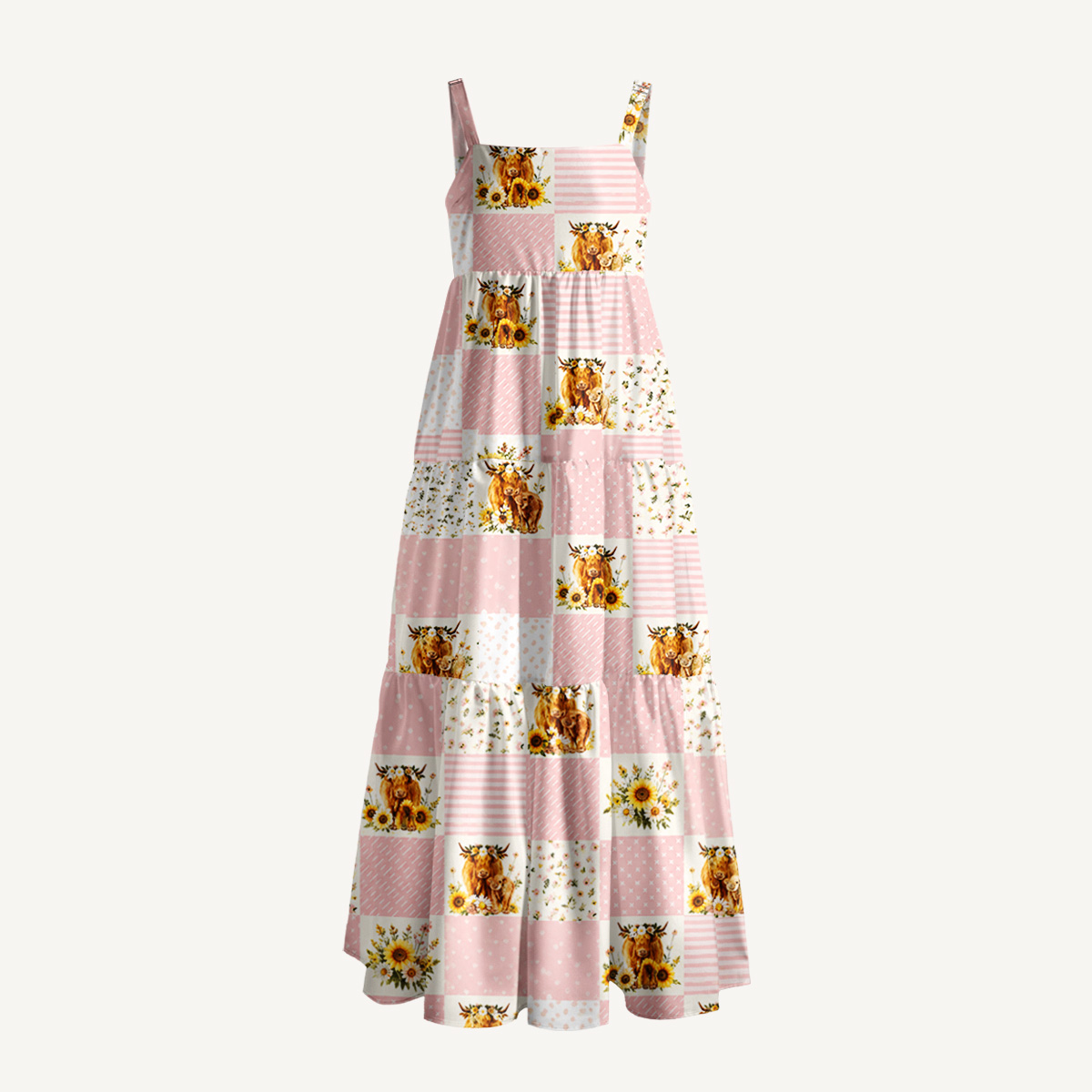  Highland Cow Floral Patchwork Print Wide Straps Maxi Dress With Pockets