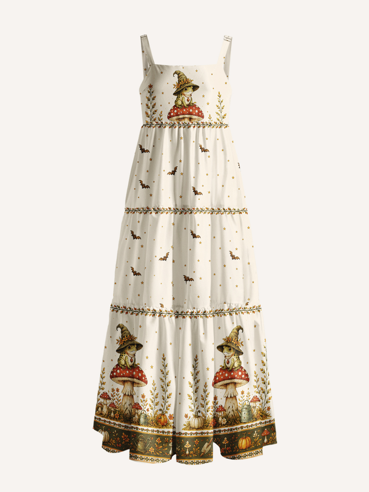 Fairy Tale Mushroom Little Frog Witch Garden Print Wide Straps Maxi Dress With Pockets