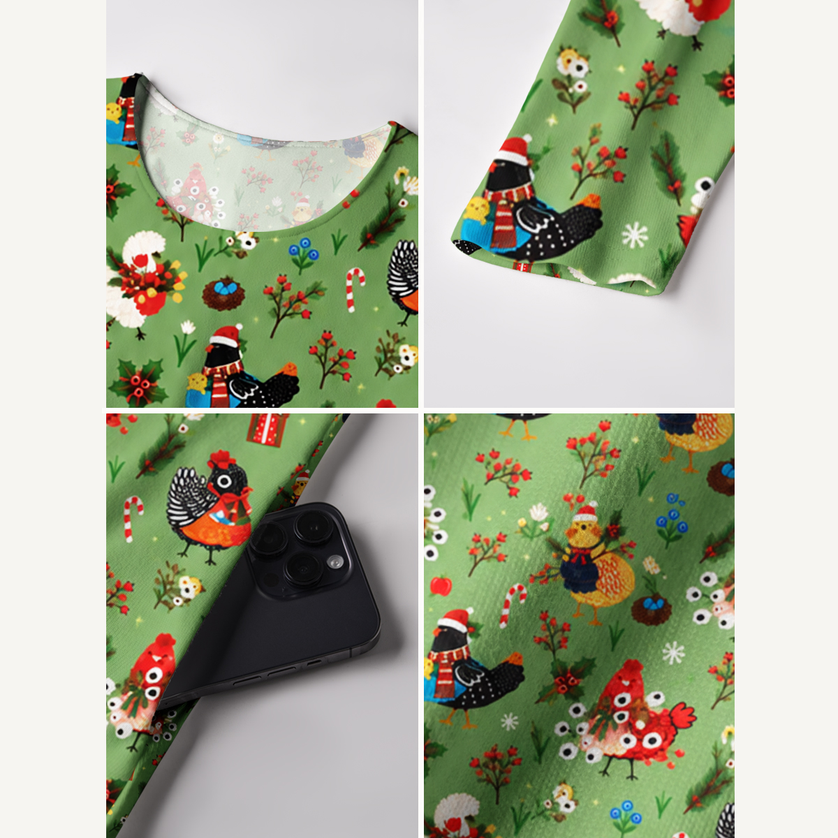 Christmas Chicken Garden Print Soft-Touch Stretch Knit Long Sleeve Maxi Dress with Pockets