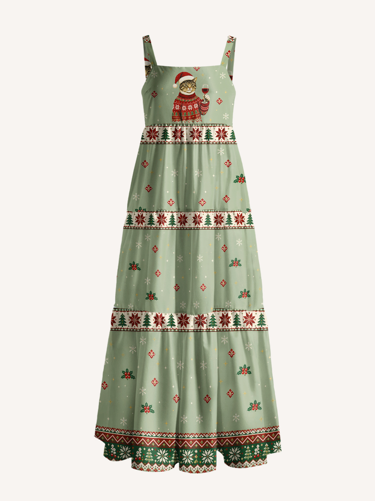 Tipsy Christmas Cat Wine Print Wide Straps Maxi Dress With Pockets