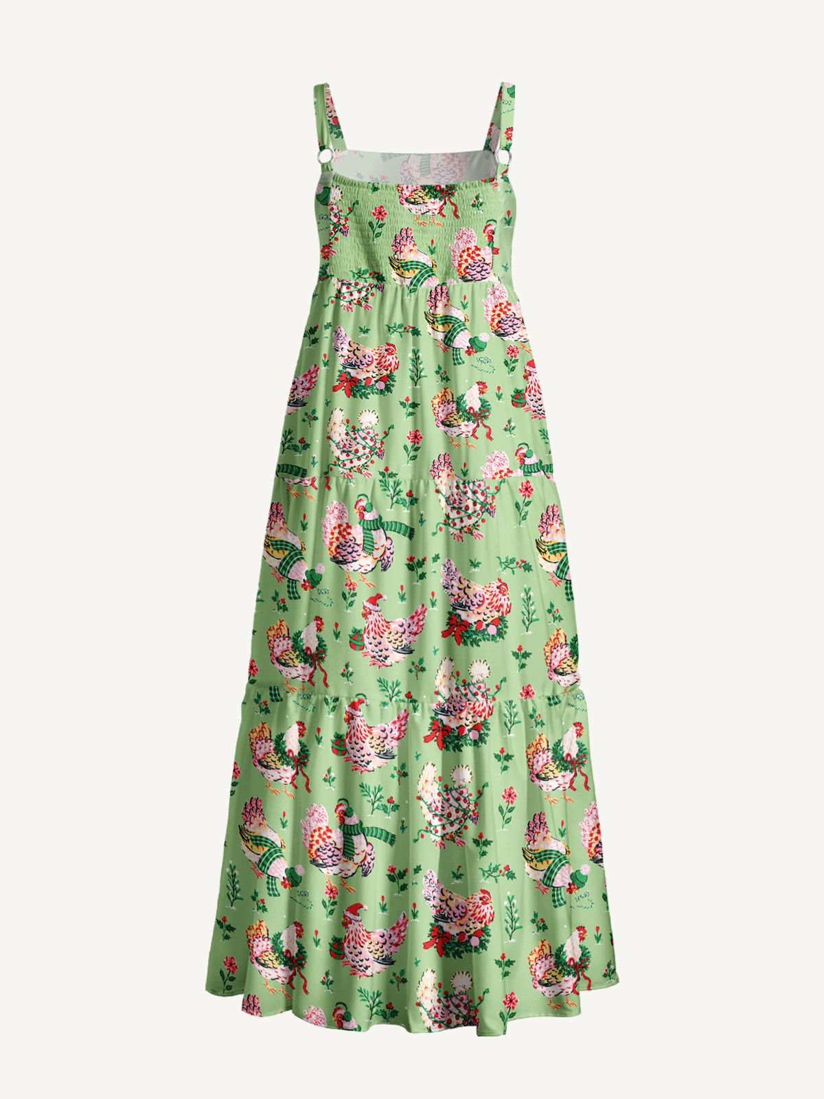 Christmas Chickens Holiday Garden Print Wide Straps Maxi Dress With Pockets