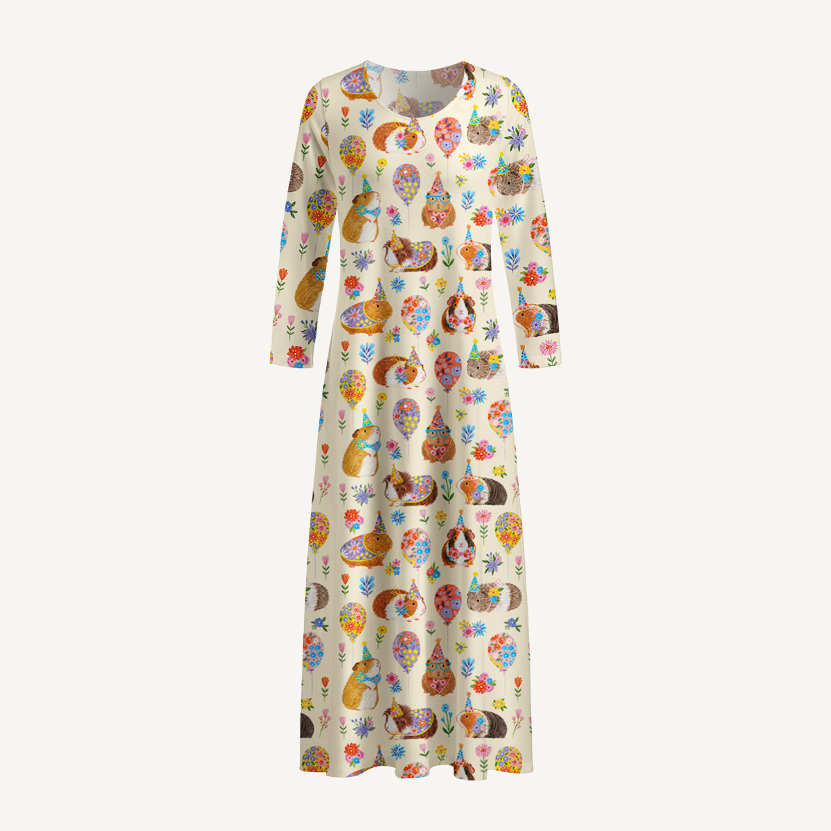 Guinea Pig Garden Party Print Soft-Touch Stretch Knit Long Sleeve Maxi Dress with Pockets