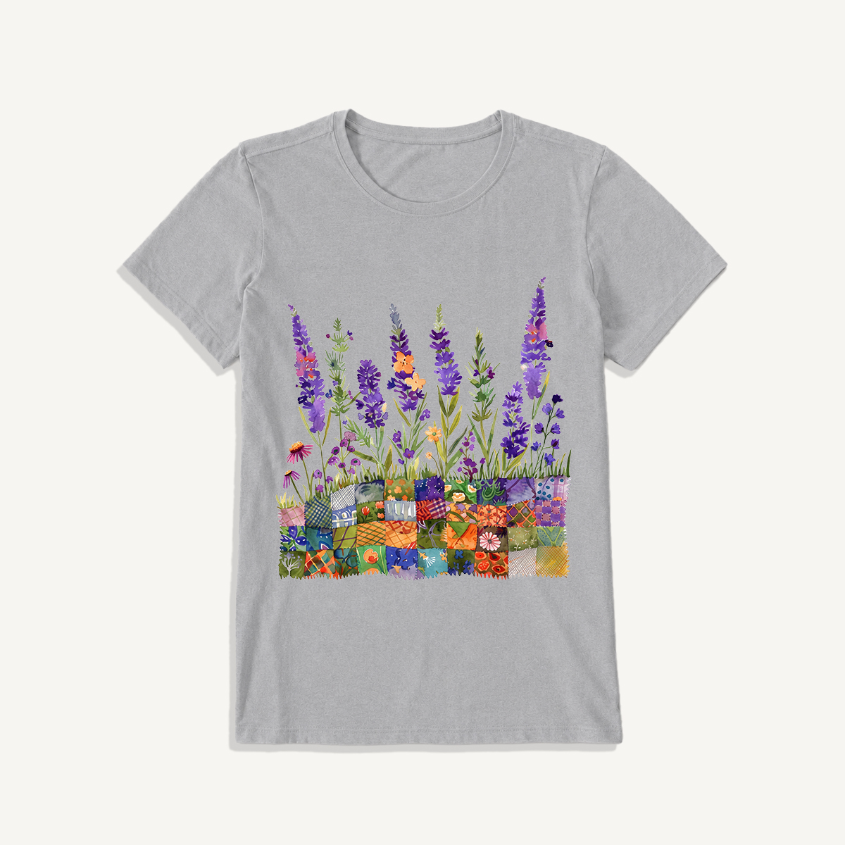 Lavender on Patchwork Meadow Print Crew Neck Cotton Tee