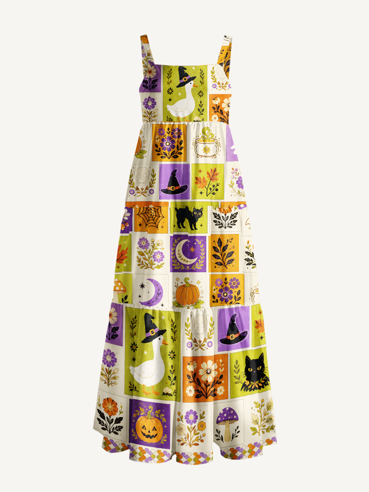 Halloween Pumpkin Goose Garden Patchwork Print Wide Straps Maxi Dress With Pockets