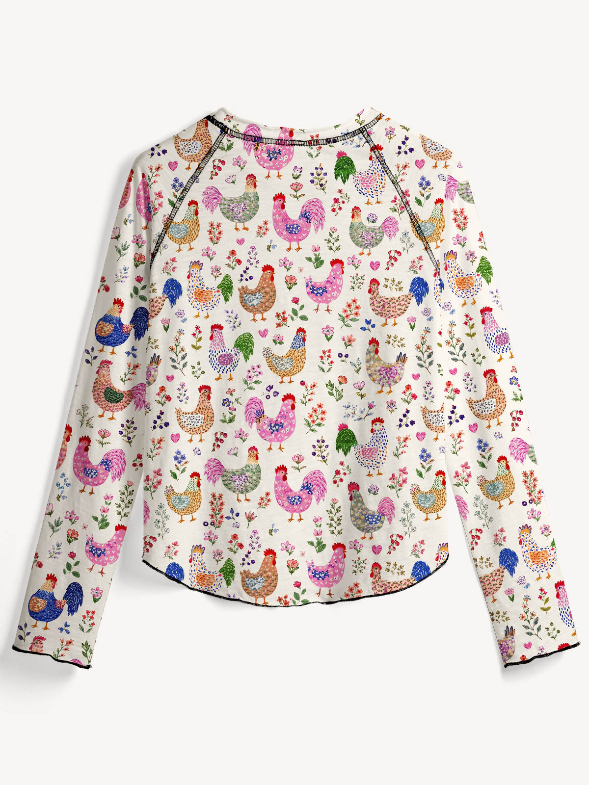 Colorful Farm Chickens All-Over Print Cotton Raglan Long Sleeve Top