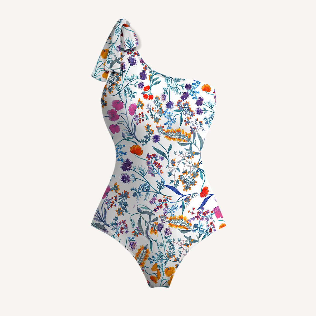 Fiery Meadow One Shoulder One Piece Swimsuit and Matching Sarong Set for Women
