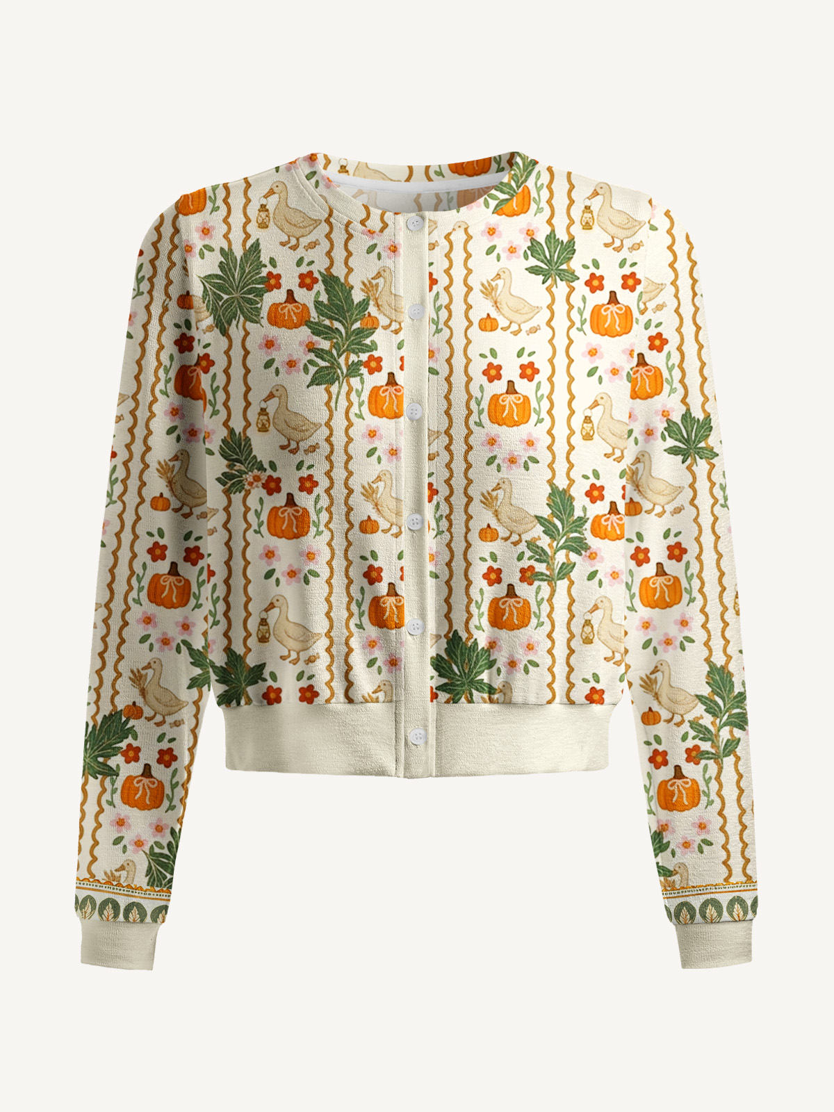 Lightweight Crew Neck Long‑Sleeve Cropped Harvest Goose & Pumpkin Print Fine‑Knit Cardigan