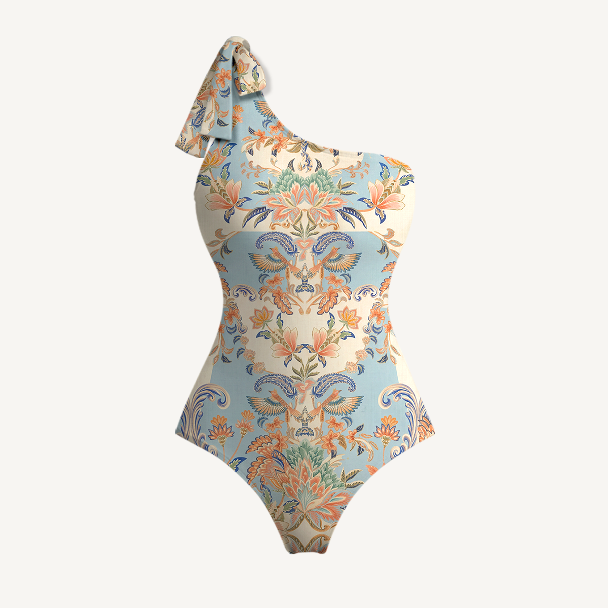 Azure Lily Palace One Shoulder One Piece Swimsuit and Matching Sarong Set for Women