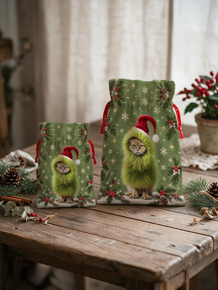 Mischievous Christmas Cat Reusable Drawstring Gift Bag