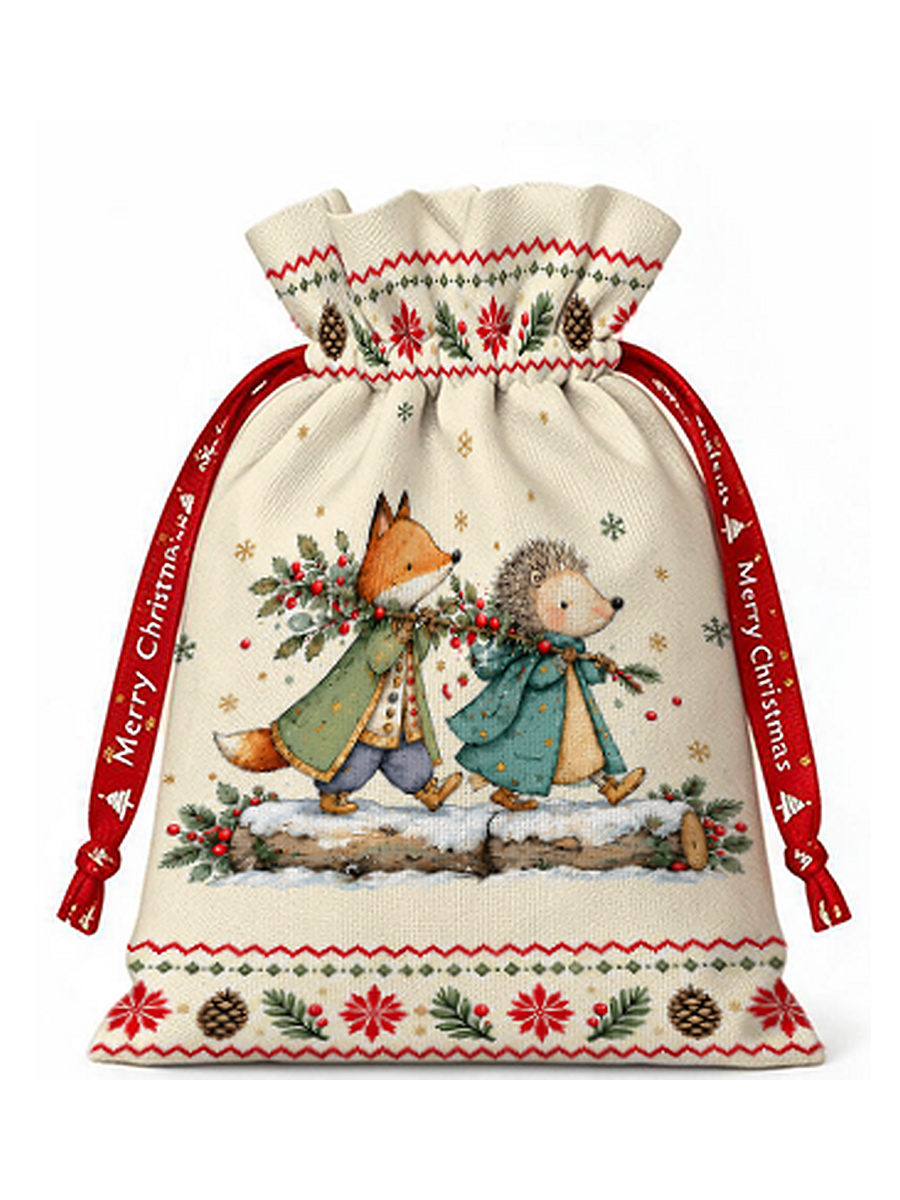 Christmas Fox & Hedgehog Reusable Drawstring Gift Bag