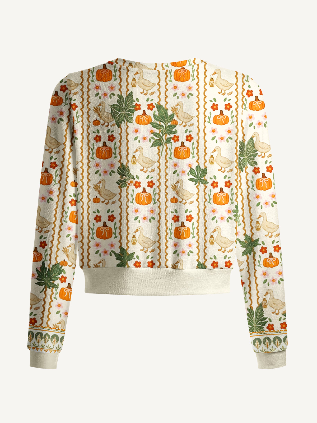 Lightweight Crew Neck Long‑Sleeve Cropped Harvest Goose & Pumpkin Print Fine‑Knit Cardigan