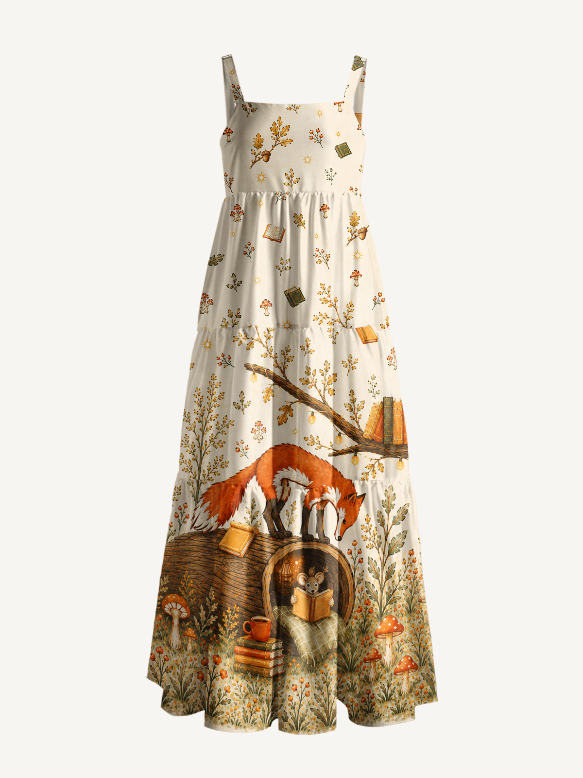 Cozy Woodland Fox Print Wide Straps Maxi Dress With Pockets