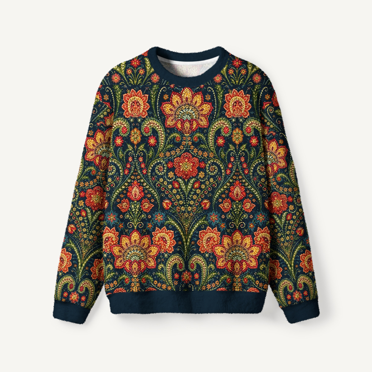 Vintage Folk Floral & Paisley Fuzzy Crewneck Sweater