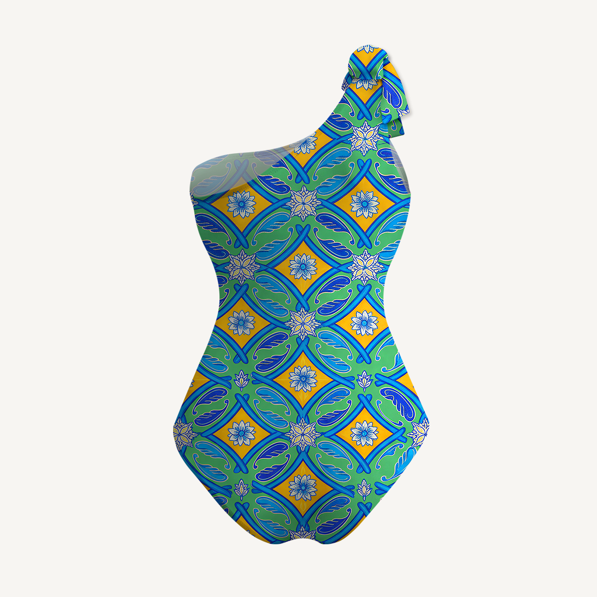 Azure Tile One Shoulder One Piece Swimsuit and Matching Sarong Set for Women