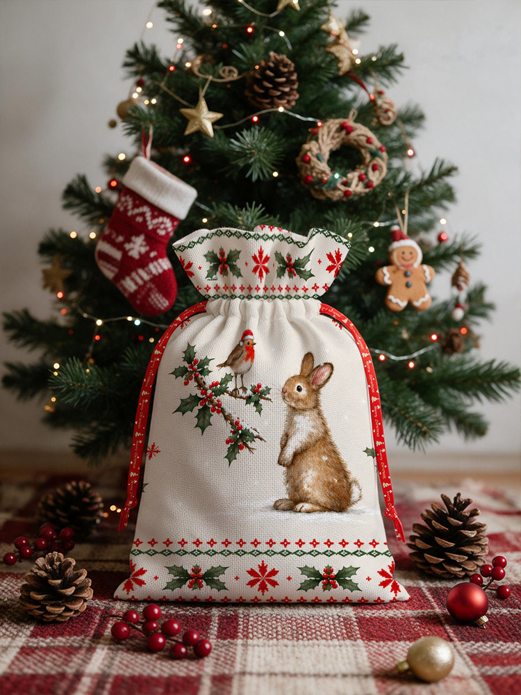 Christmas Robin & Bunny Reusable Drawstring Gift Bag